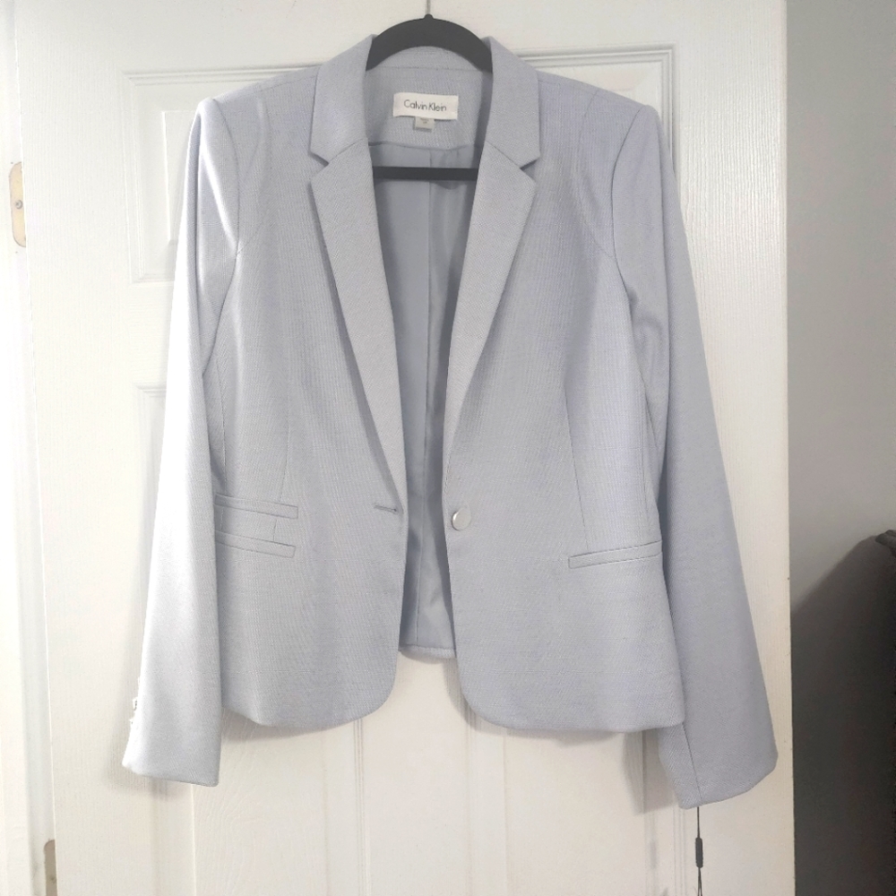 New, still tagged - Calvin Klein blazer, size 12. Light blue & white pattern